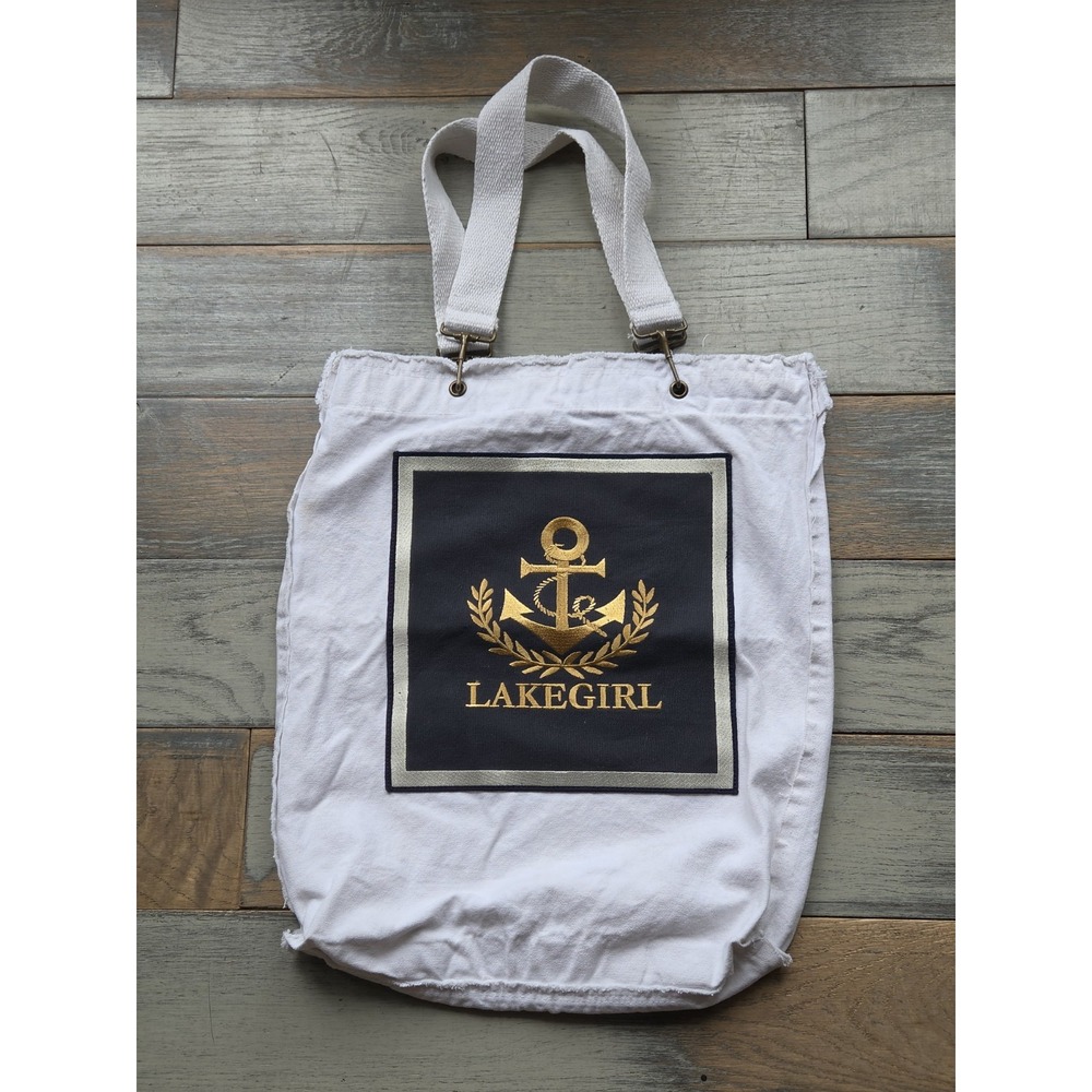 Lakegirl Tote Bag Womens OS White Good Nautical Anchor Canvas Frayed Beach Bag
